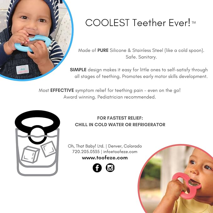 Ice Cold Baby Teether Toy Fast Pain Relief All Natural Silicone and Stainless Steel Ages 3 Mos+ (Mint Green)