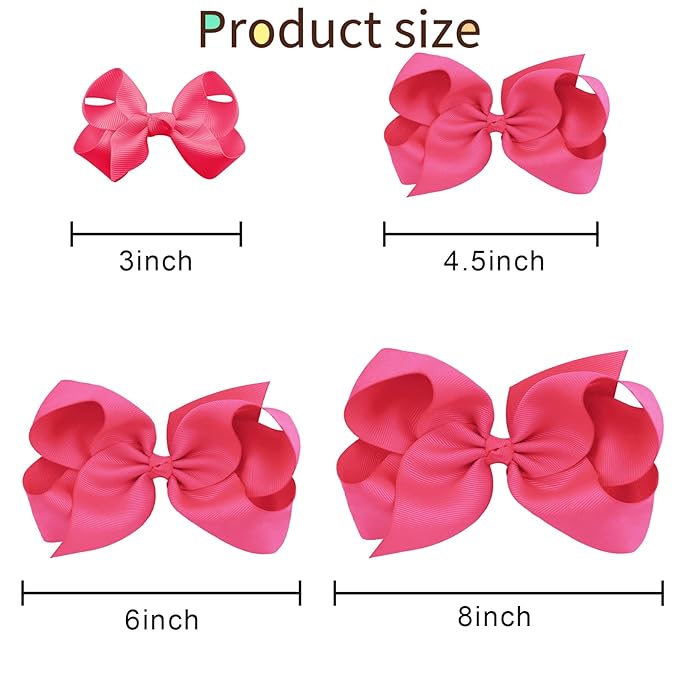 Oaoleer 8PCS Hair Bows for Girls Hot Pink Grosgrain Ribbon Boutique Bow Alligator Clips Hair Accessories for Toddlers Little Girls Kids (8inch, 6inch, 4.5inch, 3inch in Pair)
