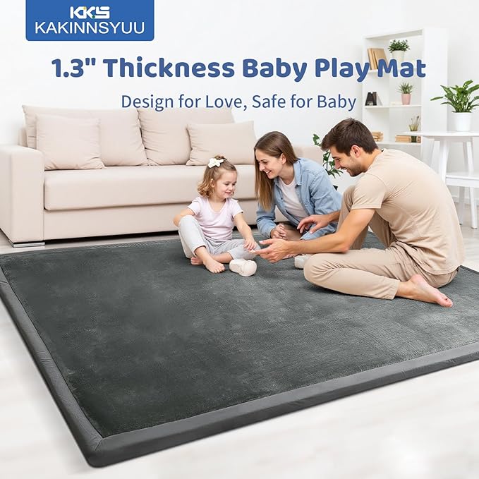 1.3" Thick Large Baby Play Mat 79"x59" - Non-Slip Memory Foam Crawling Mat for Tummy Time, Playpen, Nursery, Living Room, Dark Gray
