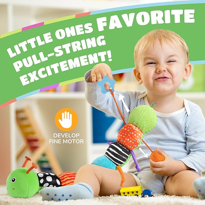AWOTOY Baby Toys 6-12 Months Music Caterpillar Infant Toys Stuffed Animals 0-3-6 Months Tummy Time Teething Sensory Toys with Mirror Rattle&Pull String for Boys Girls Birthday Gifts|Green,Knot Limb