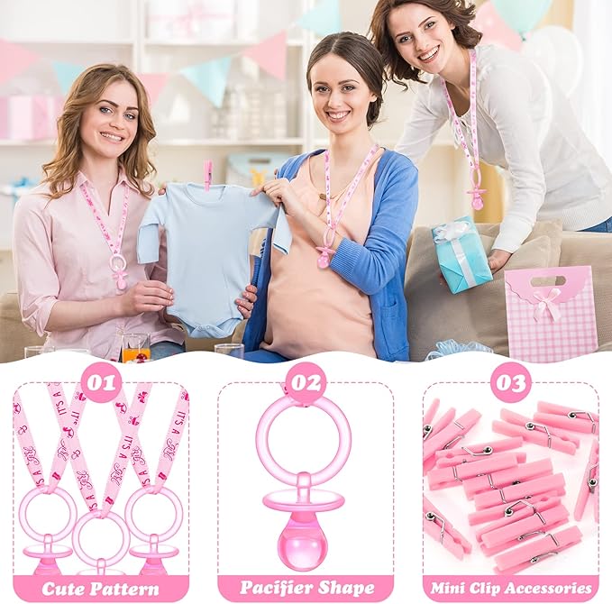 Coume 48 Sets Baby Shower Pacifiers Necklace with Mini Clothes Pins Acrylic Pacifier Bulk Newborn Party Favors for Women Men Baby Shower Decorations Gender Reveal Party Supplies(Pink)