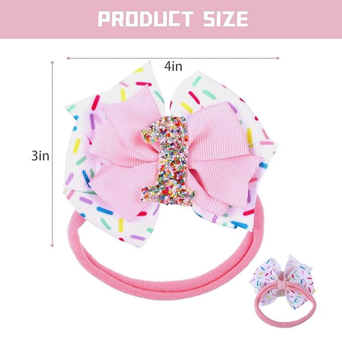 2pcs Birthday Hair Bow for Baby Girls, Sprinkle Confetti 1st Birthday Girl Headband, Ice Cream Party Theme Bow Clips for Baby Girls Pink Hair, Happy 1st Birthday Girl Hair Bow Clips