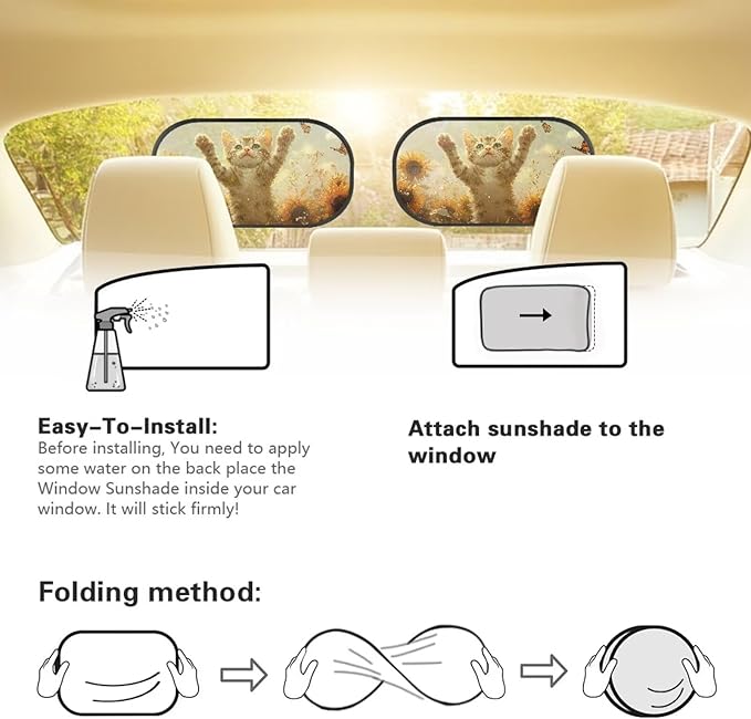 Bulopur Cute Cat Car Sun Shade 2 Pack Car Window Shades for Baby Cute Design UV Protection Breathable Easy to Install Car Decor Accessories Fit Most Car, Truck, SUV, or Van