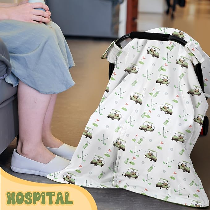 Honeydak Golf Baby Car Seat Cover Minky Infant Golf Nursing Decor Canopy Breastfeeding Blankets Peekaboo Opening Stroller Stuff for Newborn Baby Boy Girl, 27.5 x 39 Inch