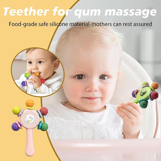 2PCS Baby Sensory Teething Toys-Rattle Stick,Food Grade BPA Free Chew Toy,Grip Strengthening Handle for Hearing Teeth Development,Infant Learning Toys for Aged 0-36 Months (Pink+Blue)