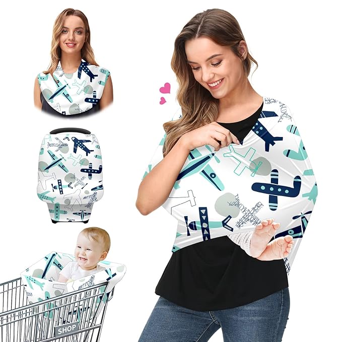 Baby Car Seat Stroller Covers Airplane Collection Nursing Cover Breastfeeding Scarf Soft Breathable Stretchy Infant Car Canopy Coverage Carseat Cover for Boys and Girls Multi Use