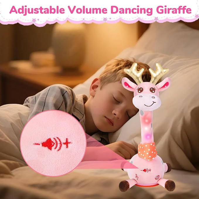 Dancing Giraffe Musical Plush Toy, Recording & Repeating Talking Giraffe Baby Toy for 6–12 Months, Interactive Singing Stuffed Animal, Birthday Gift for Grandkids Infants Toddlers(Pink)