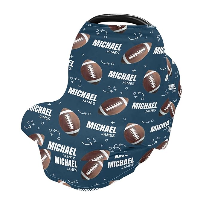 Personalized Baby Car Seat Cover for Boys Girls, Custom Football Nursing Covers for Breastfeeding with Name, Infant Stroller Cover, Baby Carseat Canopy for Newborn, Multiuse Car Seat Canopies