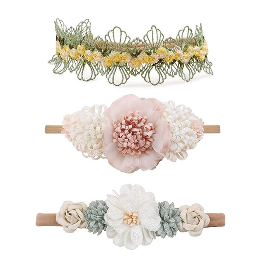 cherrboll 3pcs Baby Girl Headbands Flowers, Super Soft & Stretchy Nylon Floral Hairbands for Newborn Toddler
