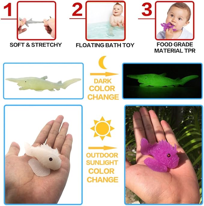 18 Pack Assorted Ocean Animal, Stretchy and Floating Rubber sea Animals Toy Set, Mini Realistic Under The Sea Life Figure for Toddler Bath Bathtub, Shark Octopus Fish Toys Bulk for Kid Party