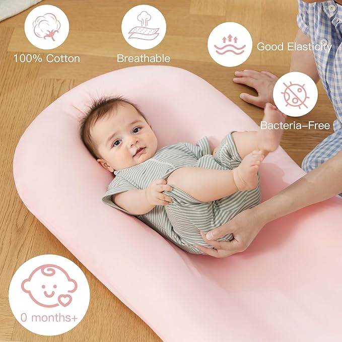 Lucakuins Infant Support Cushion, 0-24 Months Newborn Baby Support Cushion with Cover, Portable Playing Time Mat for Home and Travel, Soft Cotton, Supervised Use, Baby Essentials Gift (Lovely Pink)
