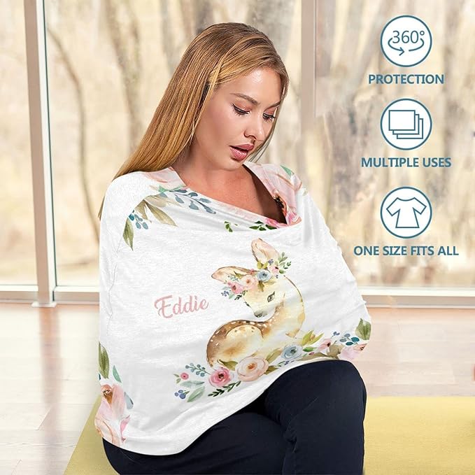 Personalized Baby Car Seat Covers with Name, Custom Nursing Cover Breastfeeding for Babies, Carseat Canopy for Girls and Boys, Infant Stroller Cover for Winter, Breathable Carseats Cover (Floral Deer)