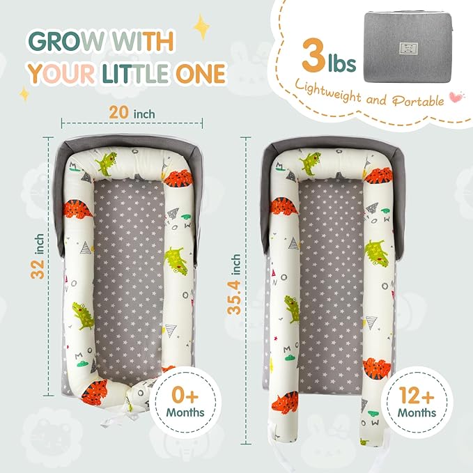 Portable Baby Lounger - Foldable Infant Lounge with Adjustable U-Shaped Bumper & Storage Bag, Breathable Cotton Secure Spot for Supervised Awake-Time Play & Interaction, Crocodile