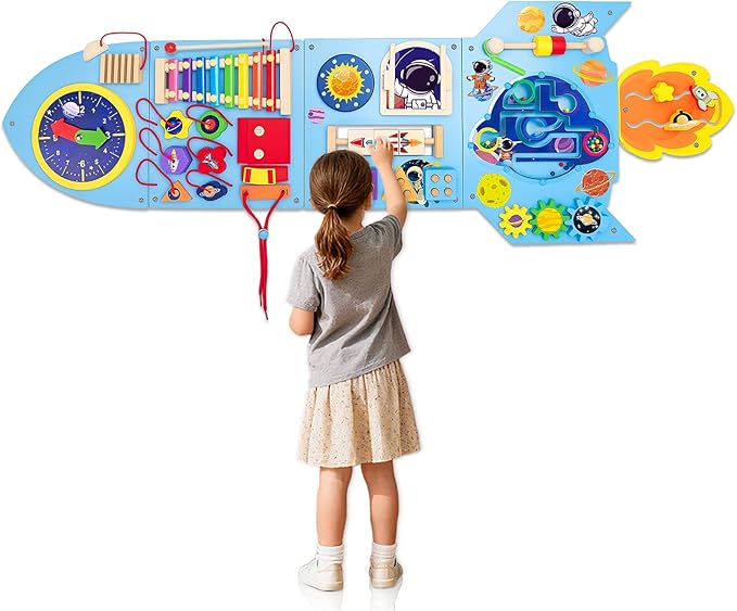 Montessori Busy Board, Sensory Wall Panel for Kids, Activity Wall Busy Board with DIY Rocket Stickers, Activity Cube Wooden Boards for 3+ Years Old