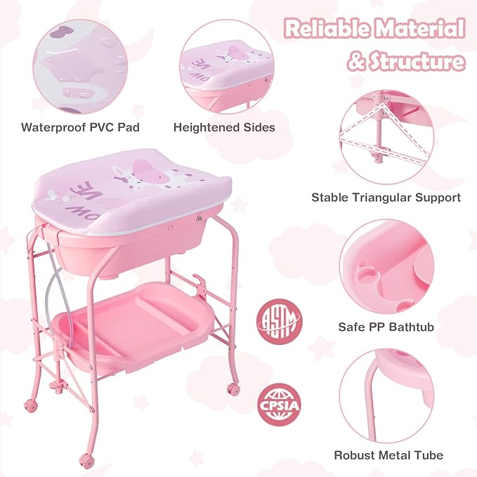 HONEY JOY 2-in-1 Baby Bathtub & Changing Table, Foldable Infant Diaper Changing Station with Wheels, Storage Tray, Waterproof Pad, Portable Newborn Nursery Organizer Bath Stand for Boys Girls (Pink)