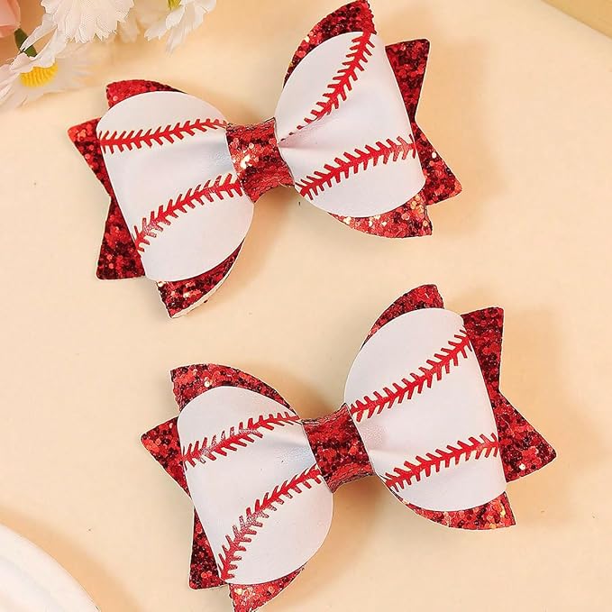 4PCS Baby Girl Hair Bow Clips Baseball and Softball Glitter Hair Bow Clips for Girls, Faux Leather Double Layer Sequin, Cheerleading Hair Accessories for Little GirlsToddler Kids Teens