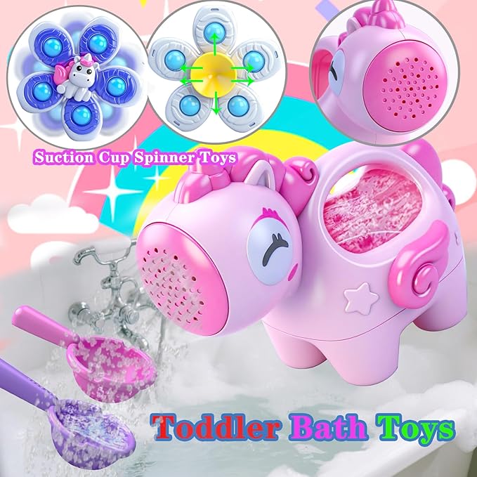 Baby Bath Toys for Kids Ages 1-3, Bathtub Toys for Babies 6-12-18 Months Toddlers, Suction Cup Spinner Toys & Unicorn Watering Can, Sand Beach Pool Water Table Toys for Infants Girls 1 2 3 4(Pink)