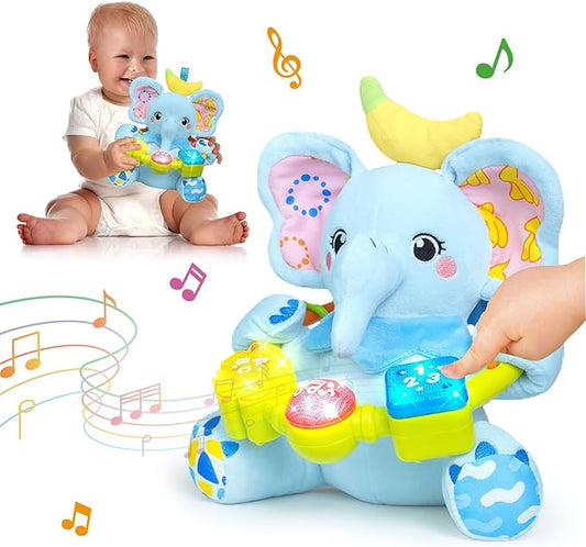 Ryotagift Baby Bilingual Musical Elephant Stuffed Animals Toys,Infant Early Learning Toy with Light-Up Music & Crinkle,Tummy Time Toys for 0 3 6 9 12+ Months for Baby Boy Girl Gift,Blue