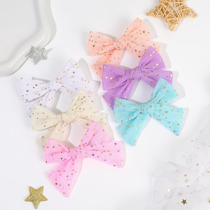 CN 6 PCS Tulle Hair Bows for Girls, Toddler Bows with Glitter Star Alligator, Colorful Hair Barrettes Wedding Sequin Hair Accessories for Baby Girls Infants Toddler Teens Party(Style J)