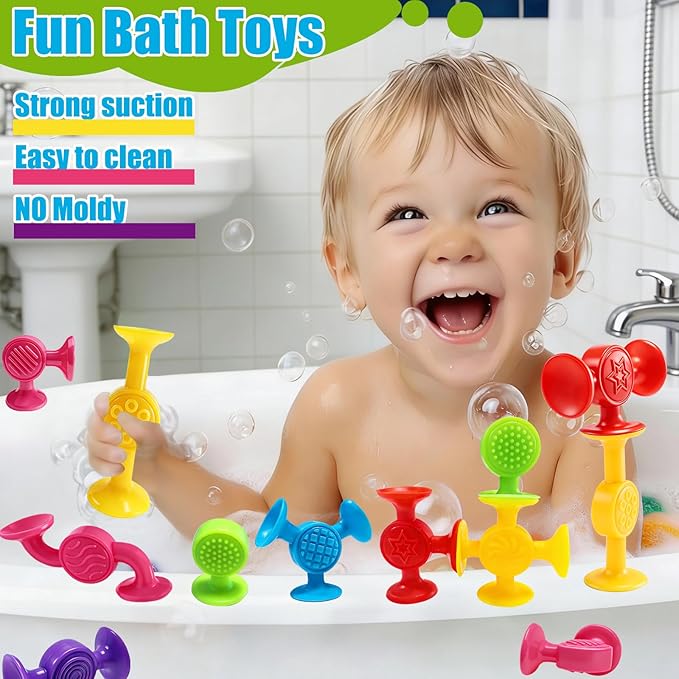 Toddlers Suction Cup Bath Toys, Sensory Suction Building Block Toy, 30Pcs Large Baby Starter Montessori Stocking Stuffers for Kids Girls Boys Colorful Popdarts Birthday Travel Car Game