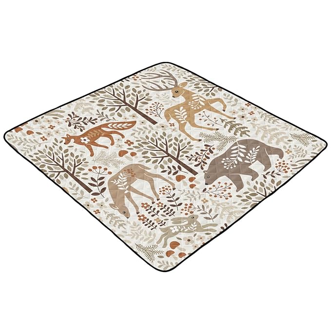 Baby Play Mat Woodland Fox Deer Trees Leaves 50 x 50 Playpen Mat Baby Play Mats for Floor Play Gym Crawling Mat Non-Slip Cushioned Baby Playmat for Infants, Babies, Toddlers