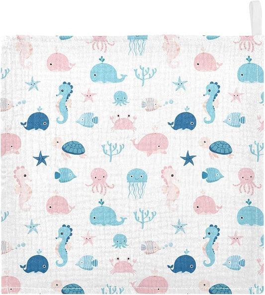 vvfelixl Cute Sea Life Baby Burp Cloths, Baby Muslin Washcloths for Boys Girls, Cotton Baby Face Towel for Newborn Infants Soft and Absorbent 11.8 X 11.8 in, 5 Pack
