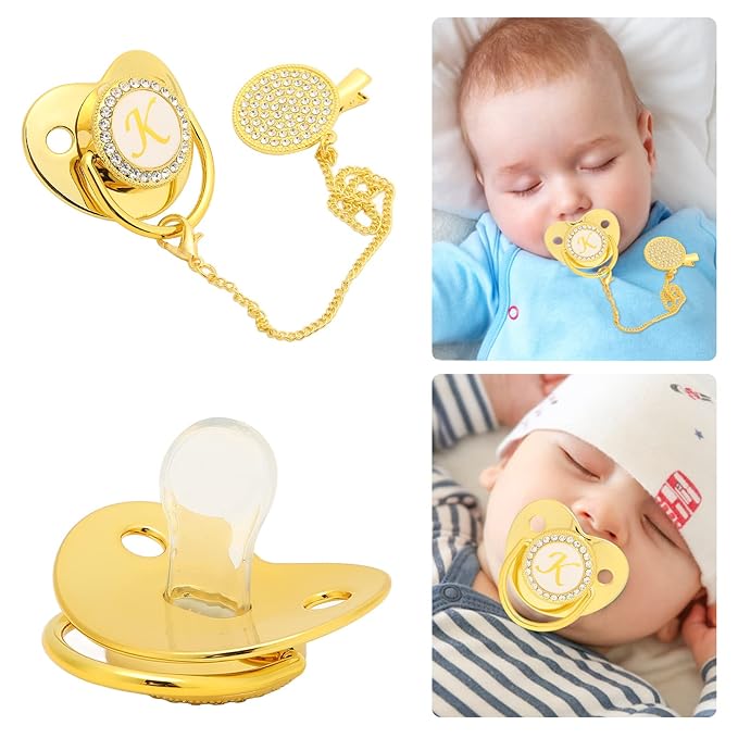 Baby Pacifier, Pacifier Curved Design 26 Letters Baby Pacifier with Chain Clips for Newborn (K)