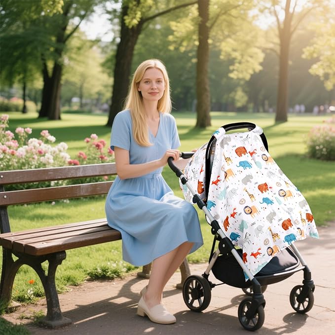 ManFaiSky Car Seat Cover Baby, Soft Carseat Covers Baby Girl, Multi-Use Nursing Cover & Infant Carseat Canopy, Animals