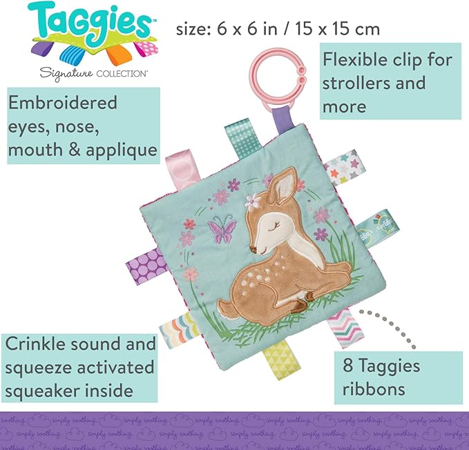 Taggies Soothing Sensory Crinkle Me Toy with Baby Paper and Squeaker, Flora Fawn, 6.5 x 6.5-Inches