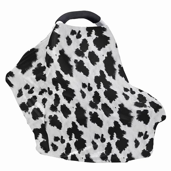 Wanyint Black White Cow Print Infant Car Seat Cover, Baby Carseat Scarf Stretchy Nursing Scarf Car Seat Canopy Breathable Nursing Cover for Boys Girls