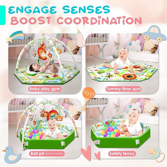 lulunemo Baby Play Mat,Tummy Time Mat with 6 Detachable Toys-Activity Gym for Visual, Auditory & Motor Development-Washable Baby Activity Mat for 0-12 Month Infants(Animal Theme)