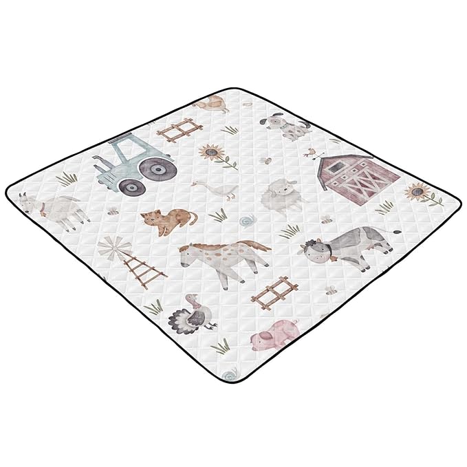 Baby Play Mat Watercolor Farm Animals Tractor 50 x 50 Playpen Mat Baby Play Mats for Floor Play Gym Crawling Mat Non-Slip Cushioned Baby Playmat for Infants, Babies, Toddlers