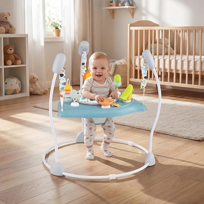 BABY JOY Baby Activity Center, Baby Jumpers and Bouncers with Music, 360° Rotating Seat, 3 Adjustable Heights, Montessori-Inspired Activity Center for Baby 7-15 Months (Baby Blue)