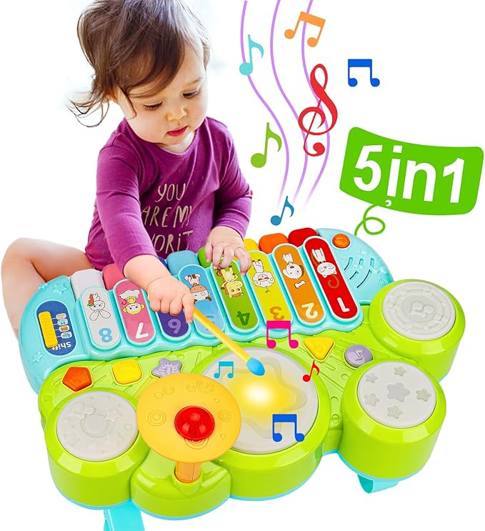 Baby Piano Drum Set for Toddlers 1-3, Musical Toys 3 in 1 Baby DJ Table Piano Keyboard Xylophone Instruments for 1 2 Year Old Boys Girls Music & Light Activity Table 6-12-18 Months Old Birthday Gifts