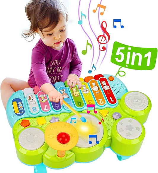 Baby Piano Drum Set for Toddlers 1-3, Musical Toys 3 in 1 Baby DJ Table Piano Keyboard Xylophone Instruments for 1 2 Year Old Boys Girls Music & Light Activity Table 6-12-18 Months Old Birthday Gifts