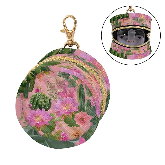 Pacifier Holder with Clip Pacifier Case for Diaper Bag Round Baby Pacifier Pouch Box Bag Portable Cacti Succulents and Bright Pink Flowers