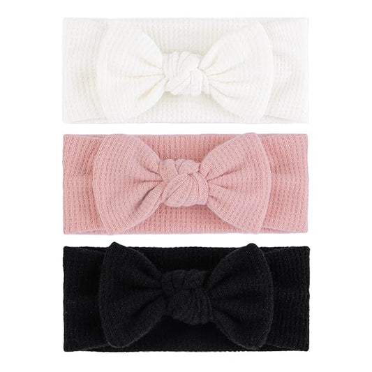 3Pcs Baby Girls 4" Hairband with Bows, Soft Headwraps Hair Accessories for Infant Toddler, 1 Count (Pack of 3), Black/White/Pink