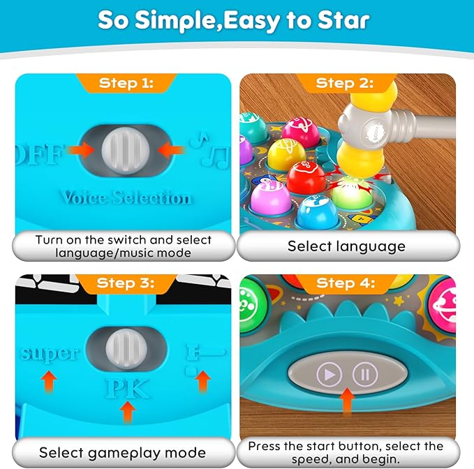 Whack Mole Game for Kids, Idea Gift for 3-12 Year Old Boys and Girls, Interactive Pounding Toy with 2 Hammers, Lights & Sounds, 3 Game Modes Educational Toy for 3 4 5 6+ Year Old Boys- Blue