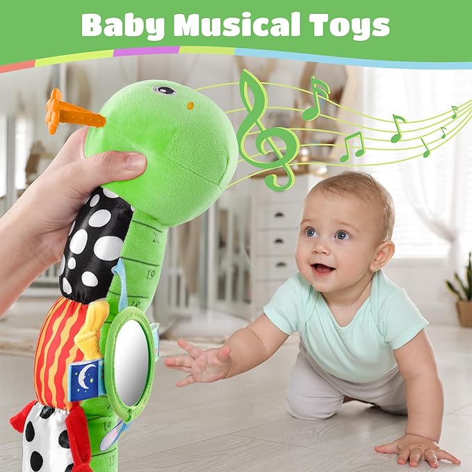 AWOTOY Baby Toys 6-12 Months Music Caterpillar Infant Toys Stuffed Animals 0-3-6 Months Tummy Time Teething Sensory Toys with Mirror Rattle&Pull String for Boys Girls Birthday Gifts|Green,Knot Limb