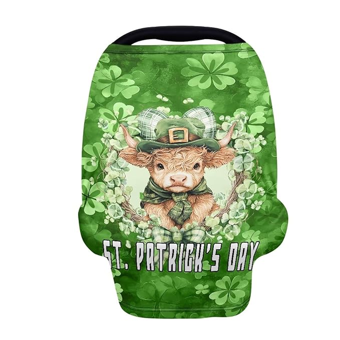 Wanyint Baby Car Seat Cover Cute Carseat Canopy for Babies Boys Girls Multi-Use Nursing Breastfeeding Covers Nursing Scarf for Saint Patrick's Day Decor, Highland Cow Clover Retro