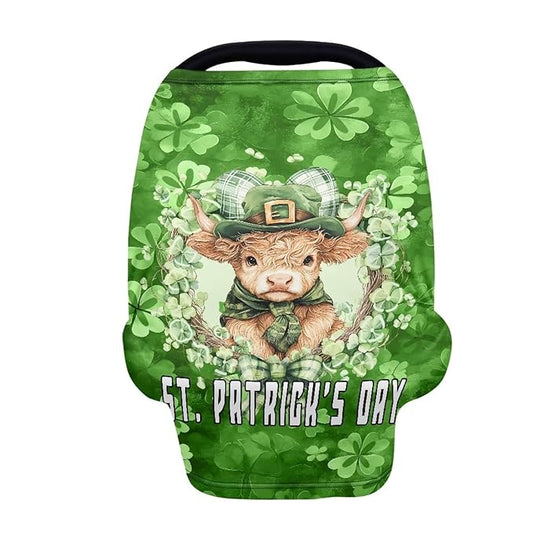 Wanyint Baby Car Seat Cover Cute Carseat Canopy for Babies Boys Girls Multi-Use Nursing Breastfeeding Covers Nursing Scarf for Saint Patrick's Day Decor, Highland Cow Clover Retro