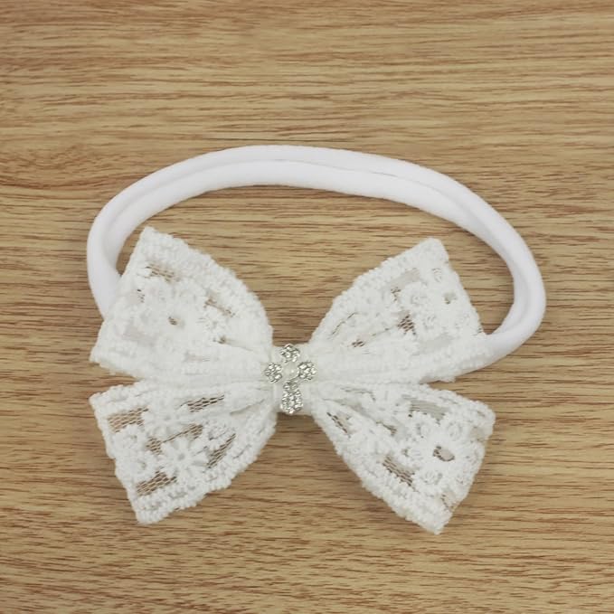 Nihao Baby Off White Lace Bow Small Baptism Headband for Baby Girls -2 PCS