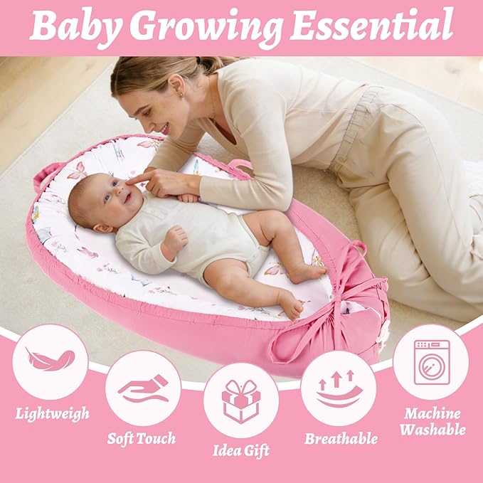 Baby Lounger Cover, Cotton Newborn Nest Cover, Baby Lounger Replacement Covers, Soft & Breathable, Reversible & Adjustable, Pink Butterfly(Cover Only)