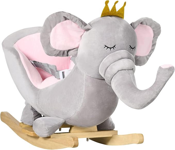 Qaba Baby Rocking Horse Elephant Rocking Chair Toddler Rocker Toy with Sound Wooden Base Seat Safety Belt for 1.5-3 Year Old, Gray