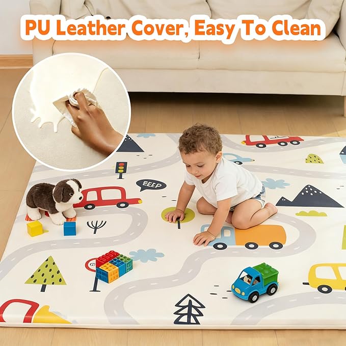 1.3" Thick Baby Play Mat for Floor，50x50 PU Leather Playpen Mat for Toddlers Infant Kids,Ultra Soft Support Cushioned & Waterproof Playmat for Baby Girls and Boys Play on Floor/Car Pattern