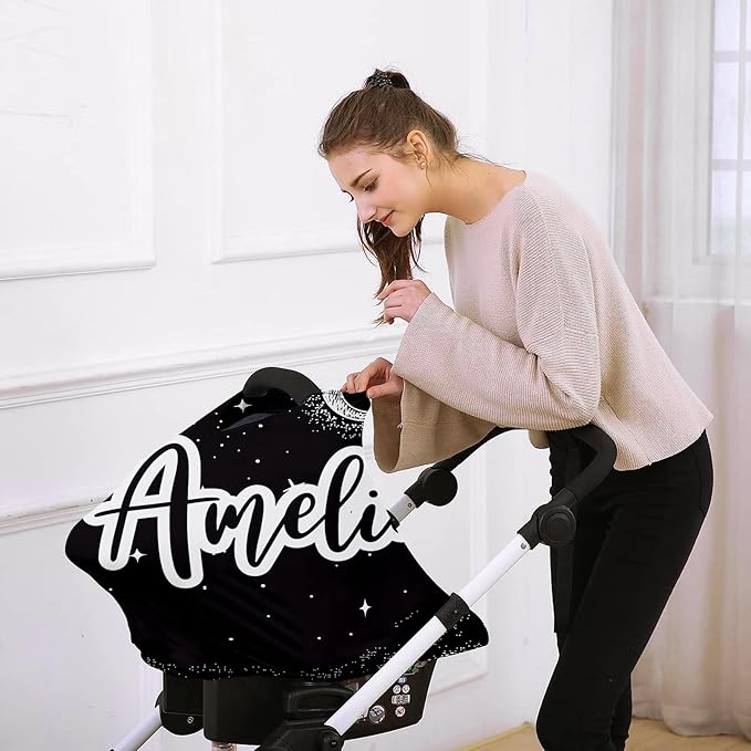 Custom Name Car Seat Canopy - Baby Car Seat Covers, Infant Stroller Cover, Black Moon Carseat Canopy Christmas Birthday Gifts for Girls and Boys