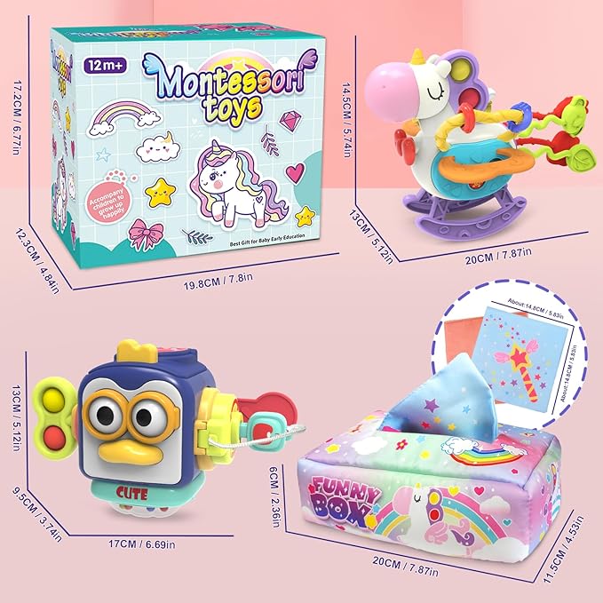 Babies Toys for 12 Months,Sensory Toys for Toddlers 1-3, 3 in 1 Activities Busy Cube,Pull String Teether and Baby Tissue Box Toy,Infant Toddlers Toy Gifts for 1 2 3 Year Old Boys Girls