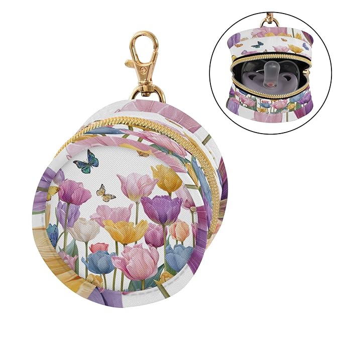 Pacifier Holder with Clip Pacifier Case for Diaper Bag Round Baby Pacifier Pouch Box Bag Portable Light Pink Tulips Butterfly