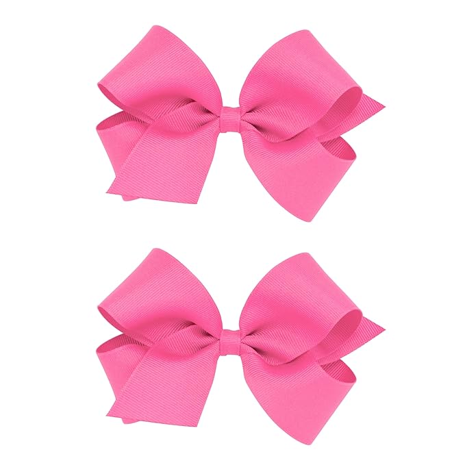 Wee Ones Girls 2 Pack Grosgrain Hair Bows with Plain Wrap Centre on a Wee Stay No Slip Clip, Medium, Hot Pink