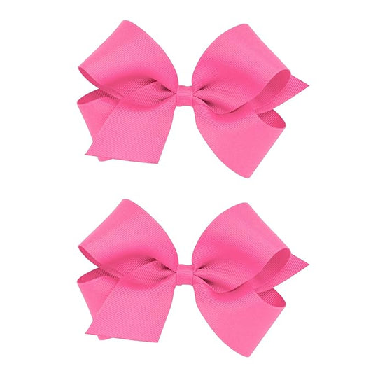Wee Ones Girls 2 Pack Grosgrain Hair Bows with Plain Wrap Centre on a Wee Stay No Slip Clip, Medium, Hot Pink